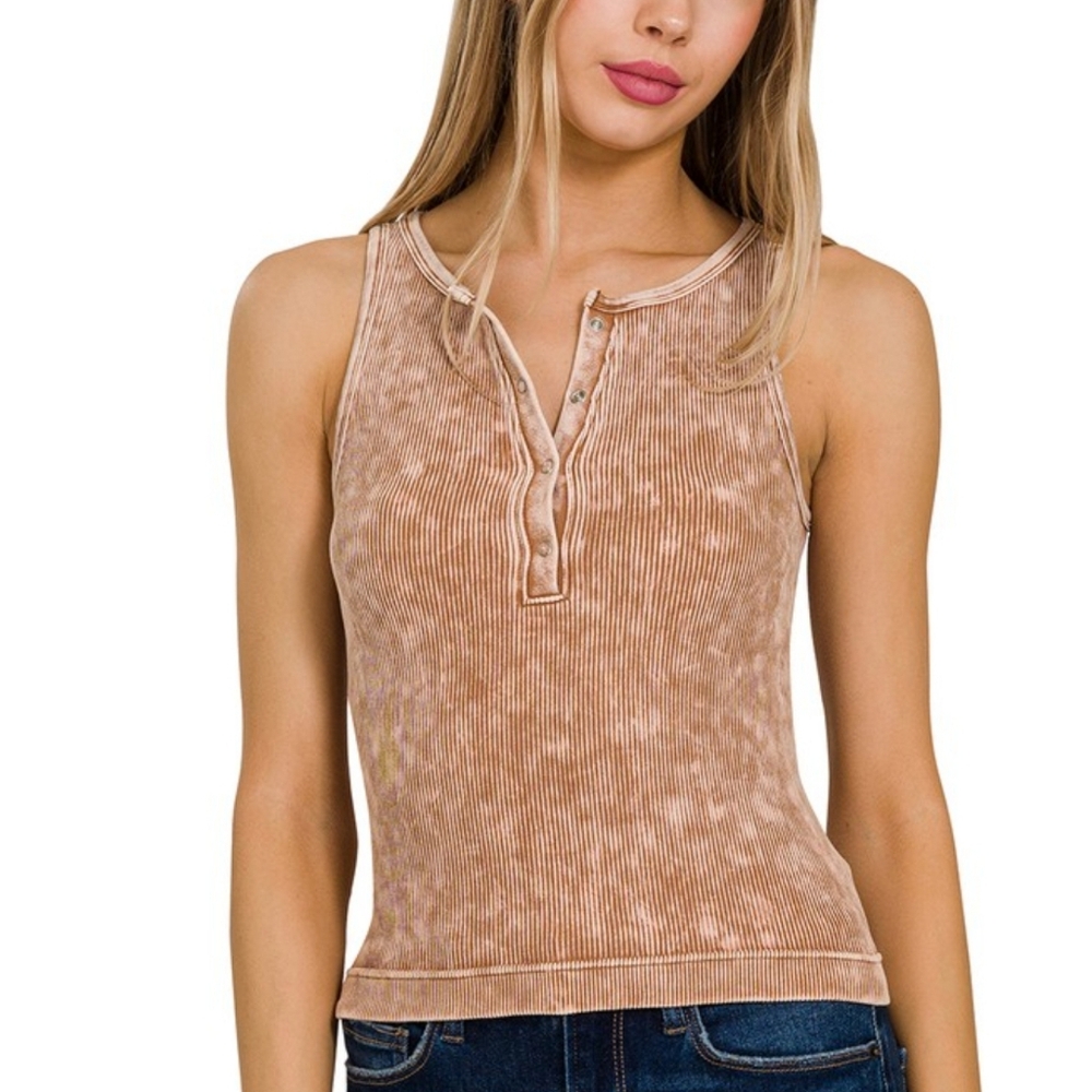 Deal of the day** Deep camel washed ribbed button-up tank top